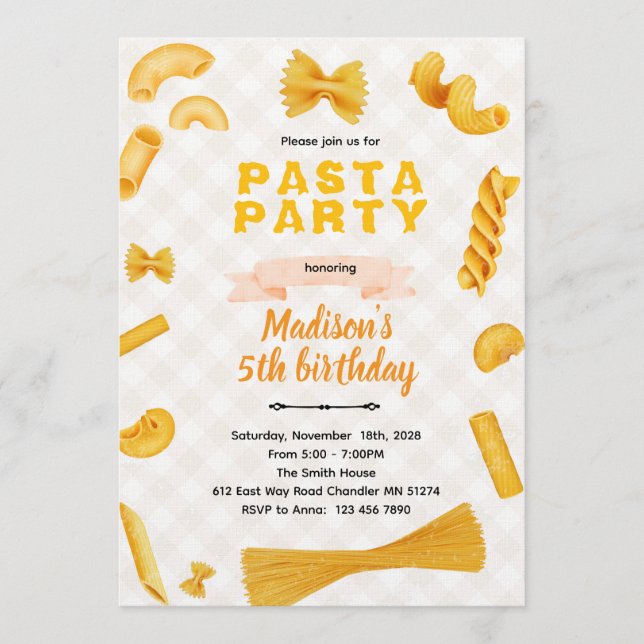Convites Macaroni Pasta Themed Birthday Invitation (Frente)