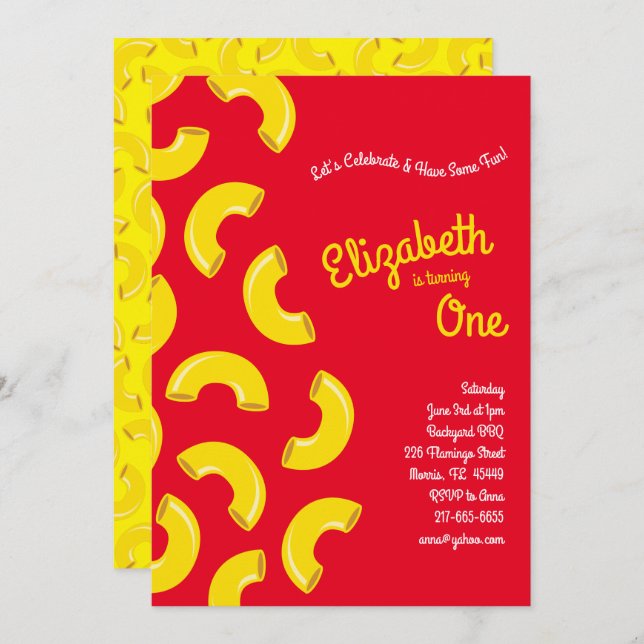 Convites Macaroni, primeiro aniversario do Mac e Queijo (Frente/Verso)