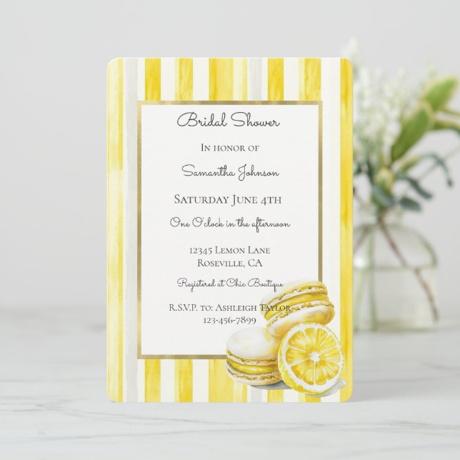 Convites Macarons Amarelo Limão Listras Chá de Noiva (Em pé/Frente)