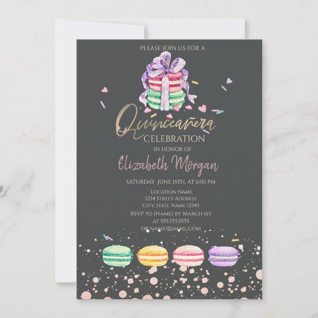 Convites Macarons Confetti Dots Quinceañera (Frente)