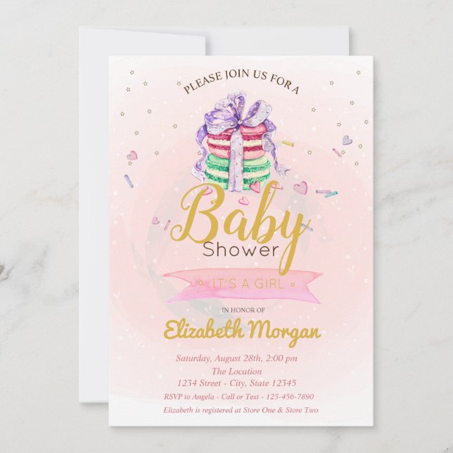 Convites Macarons, Estrelas É uma Menina Chá de Bebê (Frente)