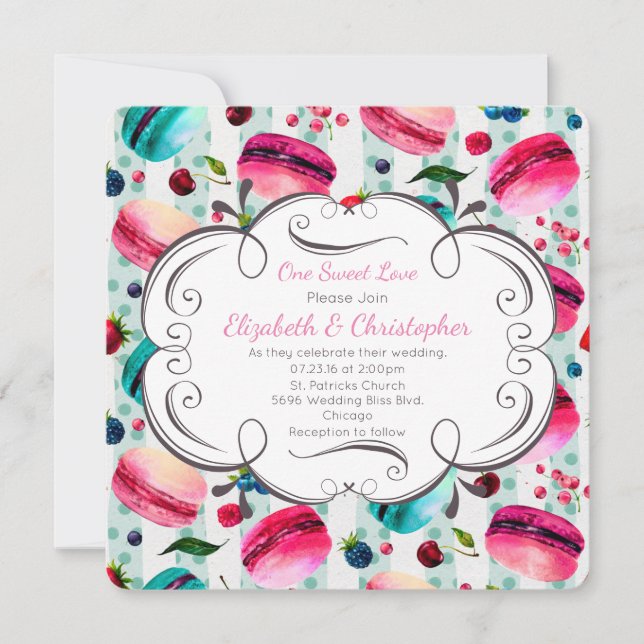 Convites Macarons French Dessert em Watercolor Wedding (Frente)