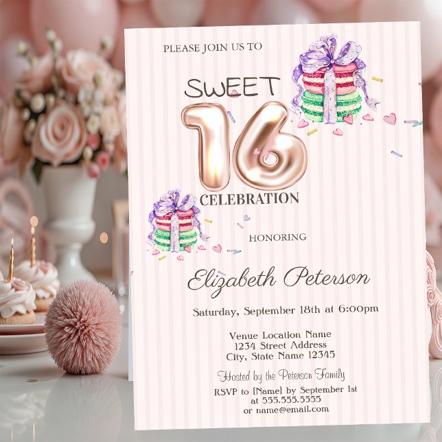 Convites Macarons Listras Dourado Rosa Sweet 16 (Criador carregado)