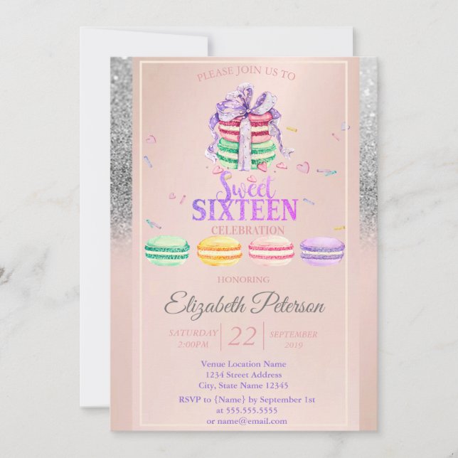 Convites Macarons Silver Glitter Bokeh Sweet 16 Party (Frente)