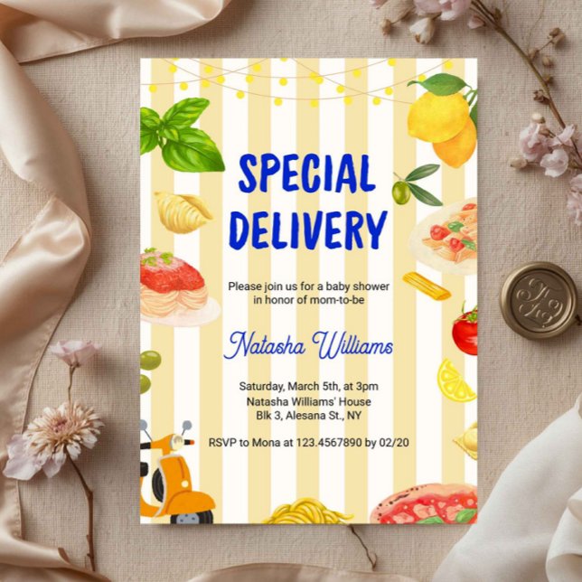 Convites Macarrão com Limão Entrega Especial para Chás de B (italian baby shower invitation, lemon baby shower invite, special delivery baby shower, mediterranea)