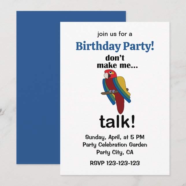 Convites Macaw Parrot Don't Make Me Talk Funny Birthday  (Frente/Verso)