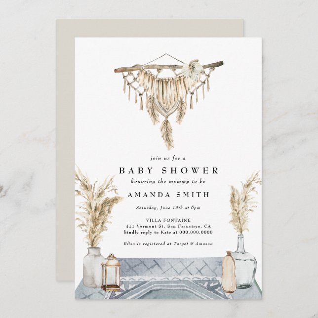 Convites Macrame Boho Rustic Chá de fraldas Azul Invi (Frente/Verso)