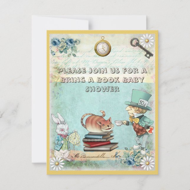 Convites Mad Hatter & Cat Traga um Chá de fraldas de Livro (Frente)