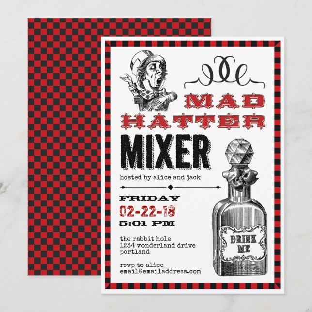 Convites Mad Hatter Mixer Party on White (Frente/Verso)