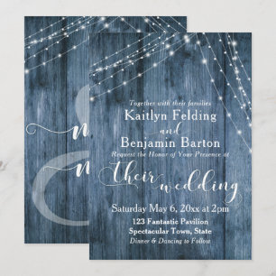 Convites Madeira Azul Rústica, Cordas Claras Brancas Casam