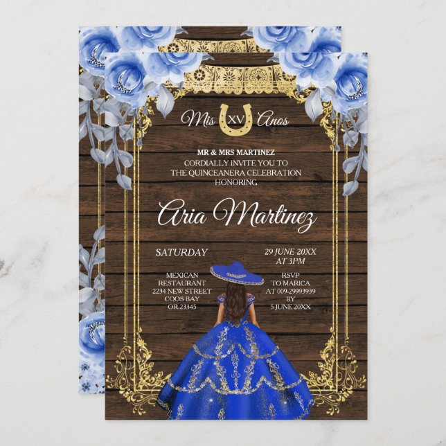 Convites Madeira Charro - Marinho Rosa Princesa Mis Quince (Frente/Verso)