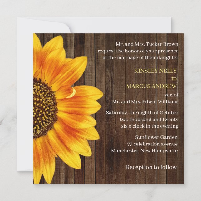 Convites Madeira de Casamento Russo Amarelo-Sunflower (Frente)
