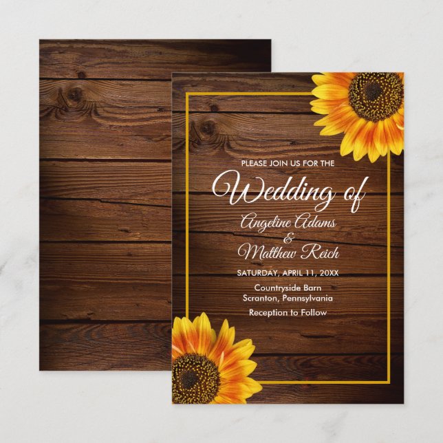 Convites Madeira de celeiro + Casamento de girassol russo (Frente/Verso)