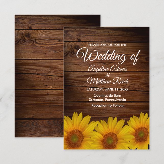 Convites Madeira de celeiro + Casamento de girassol russo (Frente/Verso)