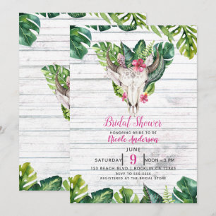 Convites Madeira de Praia Boho Caveira Folhas Florais Tropi
