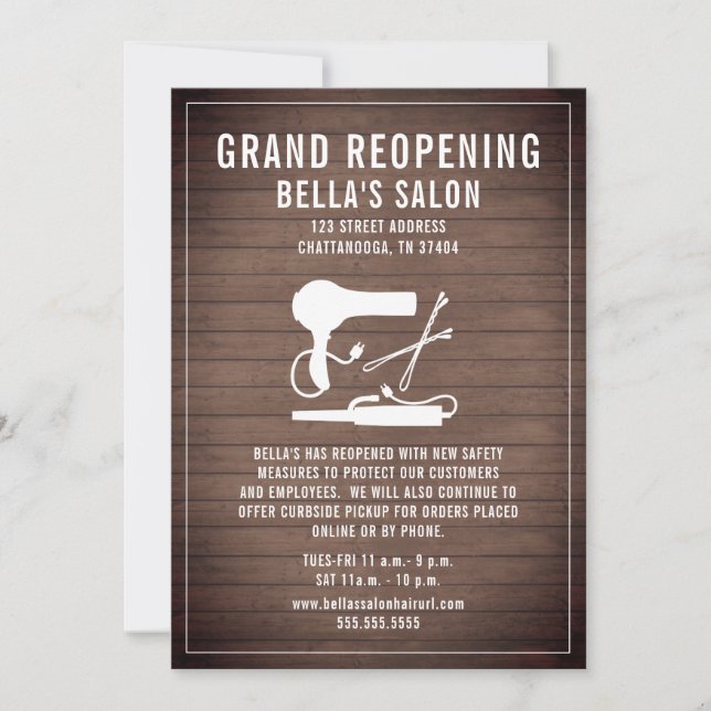 Convites Madeira de reabertura do salão de cabelo (Frente)