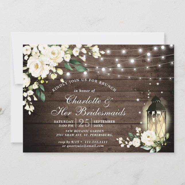 Convites Madeira e Rosas Brancas Lanterna Bridesmaids Brunc (Frente)