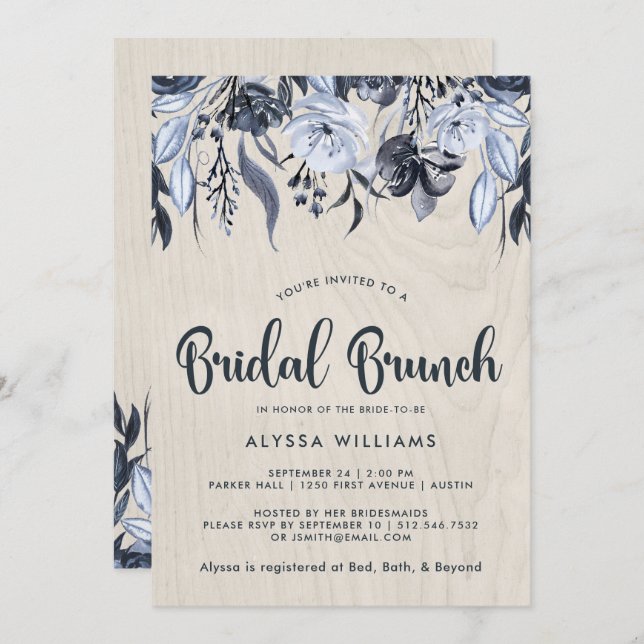 Convites Madeira Floral e Branca Escura | Bridal Brunch (Frente/Verso)