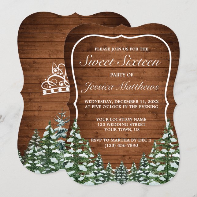 Convites Madeira Neve e Pinheiro Rural Florestal Sweet 16 (Frente/Verso)