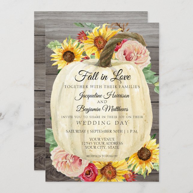 Convites Madeira Pumpkin Branco Girassol (Frente/Verso)