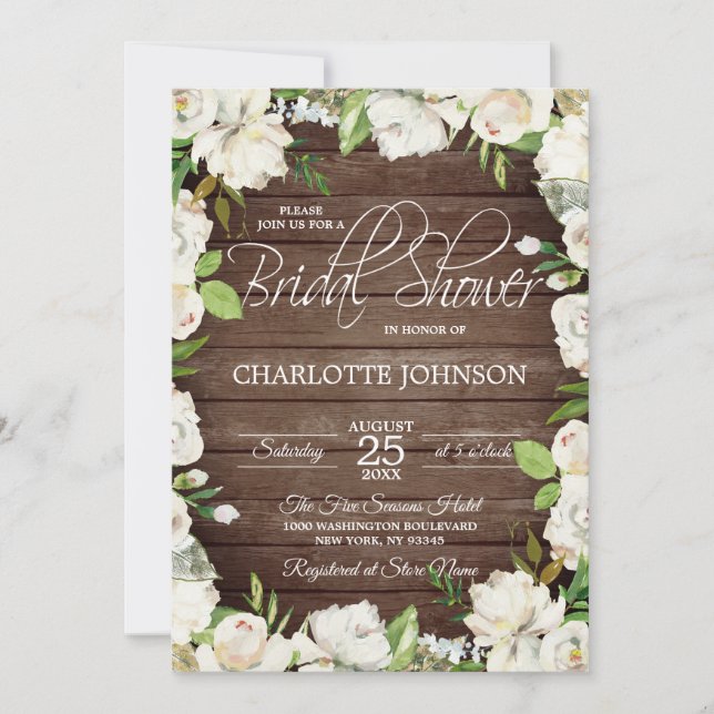 Convites Madeira russa Aquarela Chá de panela Floral Branco (Frente)