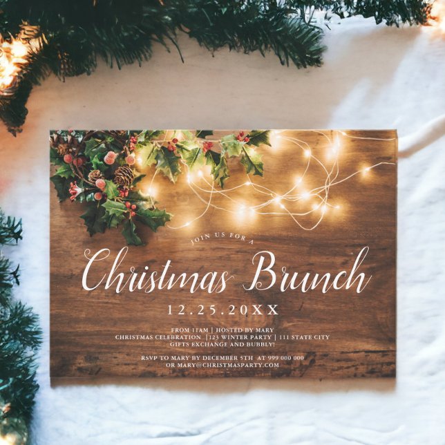 Convites Madeira russa e castanha-do-mato (Rustic wood brown country lights Christmas brunch Invitation)