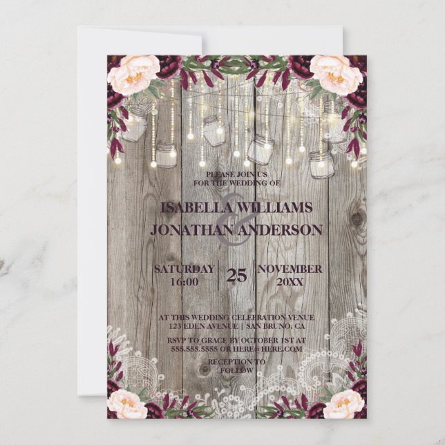 Convites Madeira russa e luzes de cordas rendas casamentos (Frente)