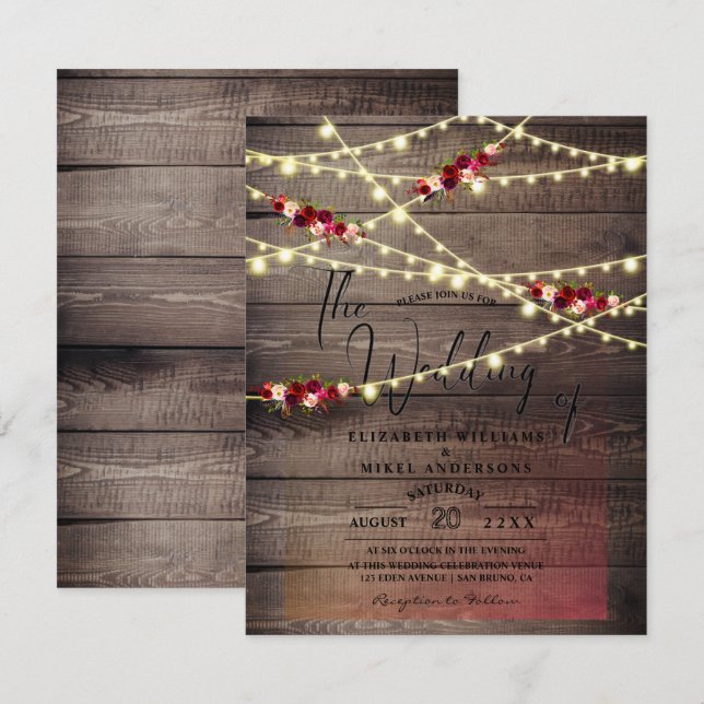 Convites Madeira russa | Luzes Burgundy flores casamento (Frente/Verso)