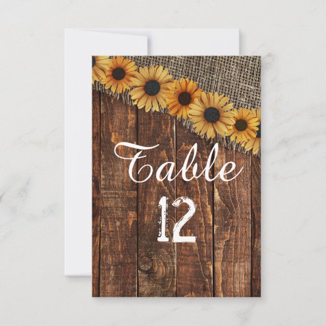 Convites Madeira Rústica Burlap Sunflower Table Number Sent (Frente)