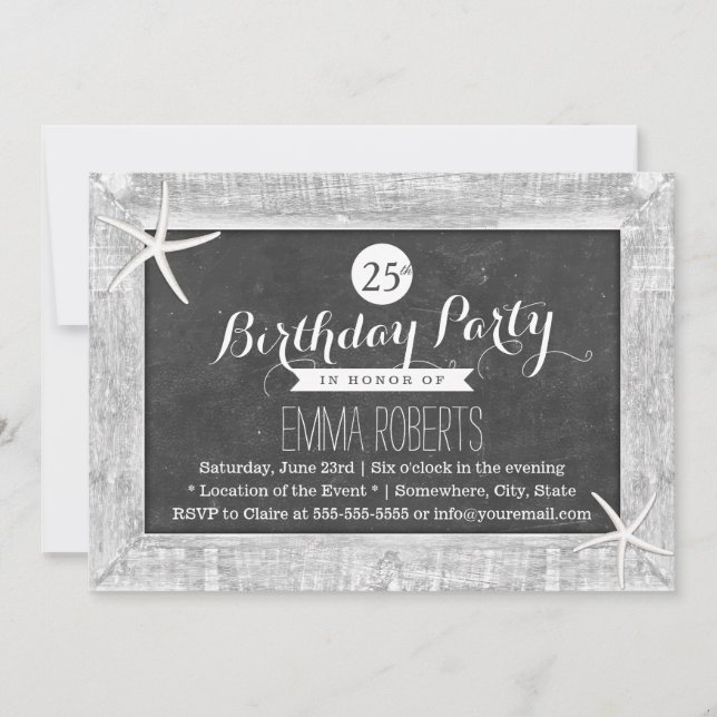 Convites Madeira Rústica Chalkboard Frame Starfish Aniversá (Frente)