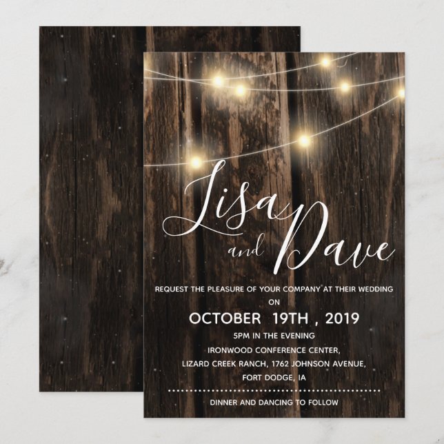 Convites Madeira Rústica Com Luzes De Corda Casada (Frente/Verso)