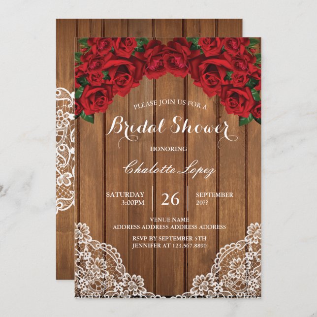 Convites madeira rústica de chá de panela Rosa vermelha (Frente/Verso)