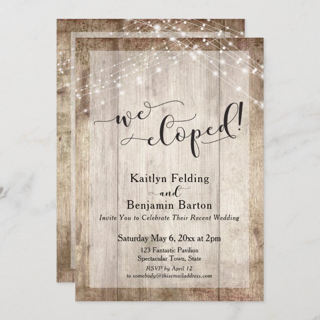 Convites Madeira Rústica e Luzes, Fomos Em Segredo, Recepçã (Frente/Verso)