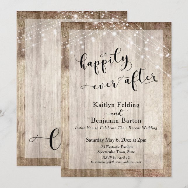 Convites Madeira Rústica e Luzes Recepção Feliz para Sempre (Frente/Verso)