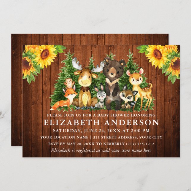 Convites Madeira Rústica Flores do Sol Chá de Animais da Fl (Frente/Verso)