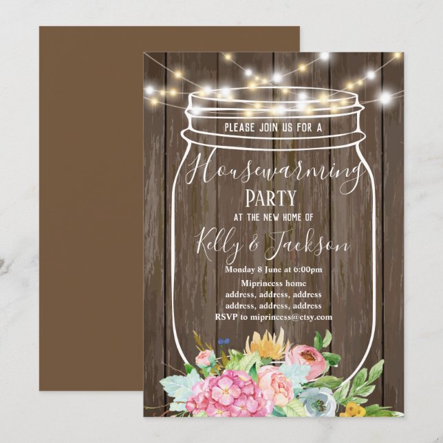 Convites madeira rústica, jarro, festa de inauguração (Frente/Verso)