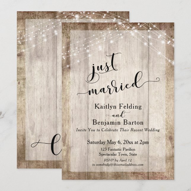 Convites Madeira Rústica & Luzes, Recém-Casados, Somente Ce (Frente/Verso)