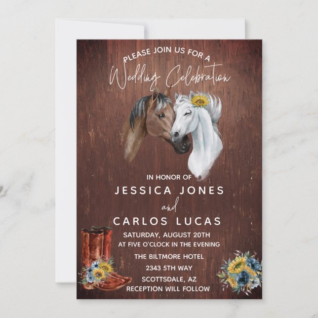 Convites Madeira Western Horse Boots Sunflower Watercolor (Frente)