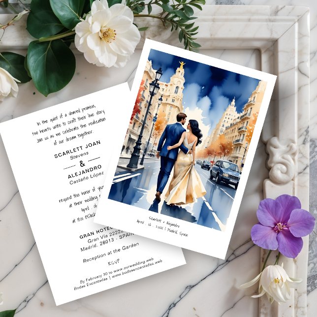 Convites Madrid Gran Vía Colorful Cityscape Wedding Couple (Madrid Gran Vía Colorful Cityscape Wedding Couple Illustration Invitations Cards.)