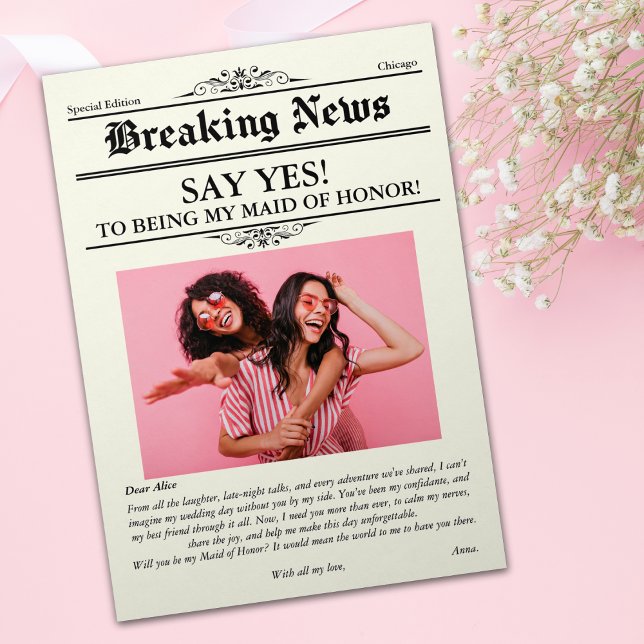 Convites Madrinha de casamento de Foto do Jornal ou Bridesm (Newspaper Photo Maid of Honor or Bridesmaid Invitation)