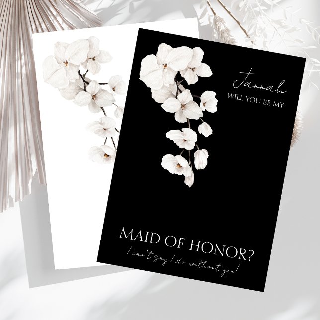 Convites Madrinha de casamento Moderna de Orquídeas Pretas  (Modern Black and White Orchids Flowers 'Will You Be My Maid Of Honor?' Invite)