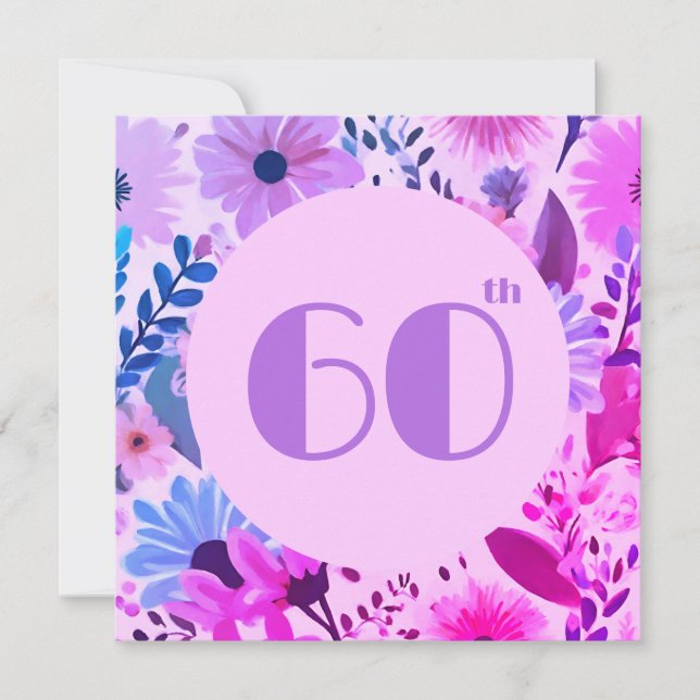 Convites Mãe, 60º Aniversário, Rosa Floral E Lilac (Frente)