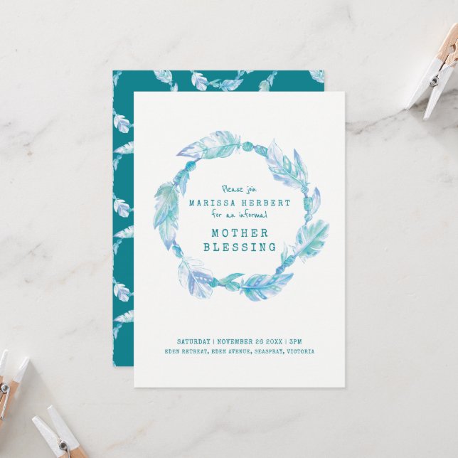 Convites Mãe abençoando a pena e miçanga teal aqua art (Frente/Verso In Situ)