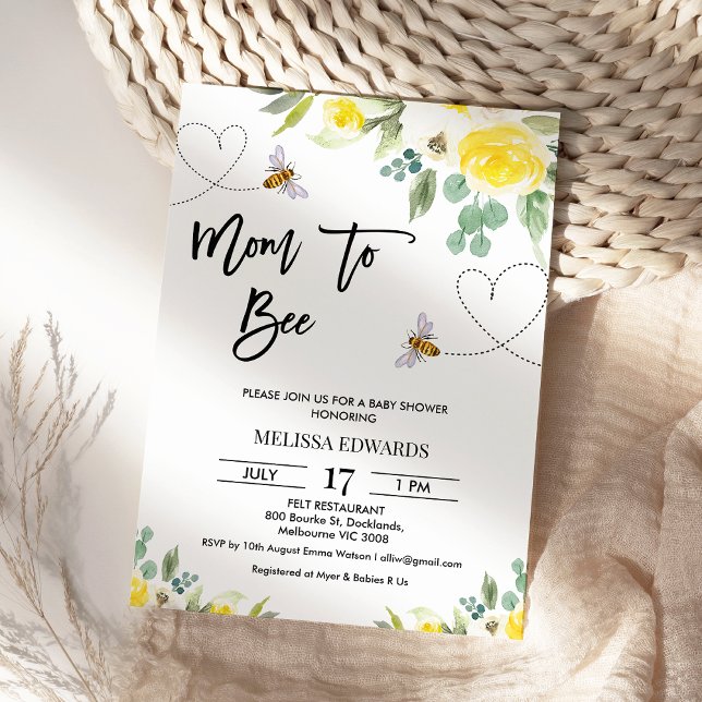 Convites Mãe Amarela Floral para Chá de fraldas de Abelhas (Mom to Bee Baby Shower Invitation Template, Floral Bee Themed Baby Shower Invitation, Heart Path )