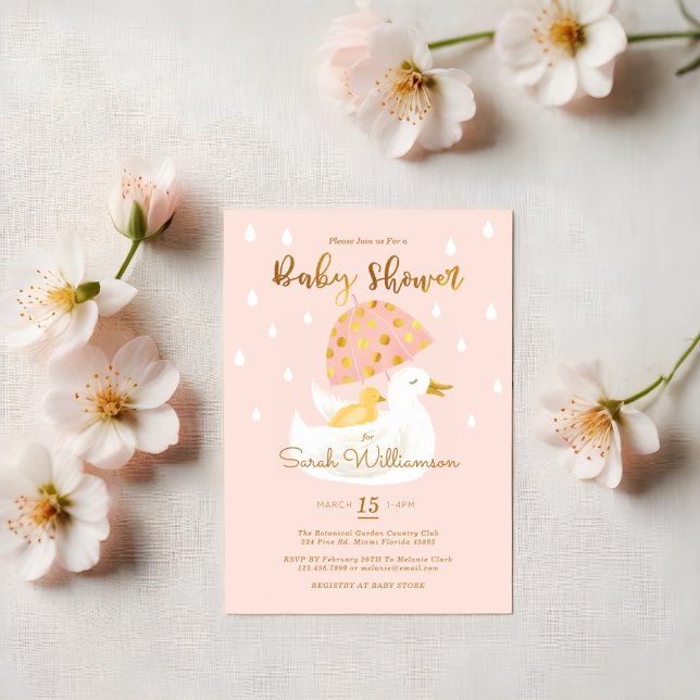 Convites Mãe e Bebê Amarelo Guarda-chuvas Rosa (Mother & Baby Yellow Ducky Umbrella Blush Pink Invitation)
