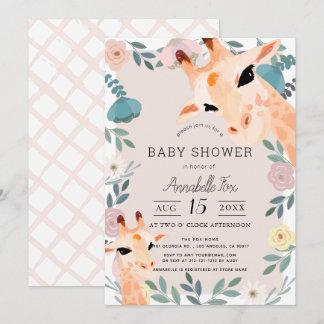 Convites Mãe e Bebê Girafa Chá de fraldas Floral Rosa