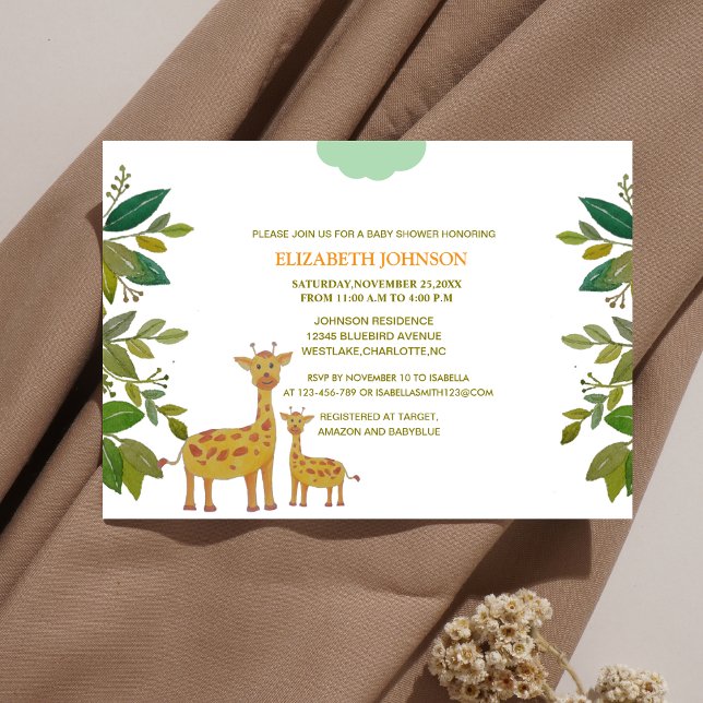Convites mãe e girafa bebê com chá de fraldas verde (Criador carregado)