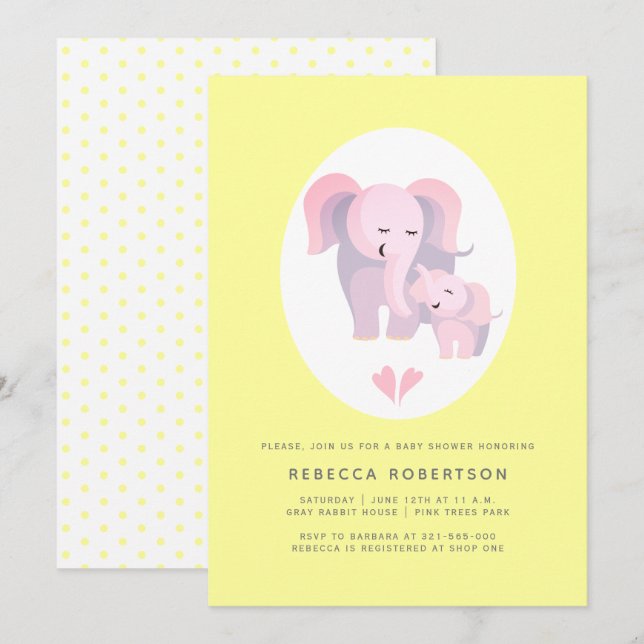 Convites Mãe elefante rosa-branca, menina chá amarela (Frente/Verso)
