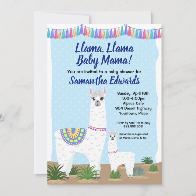 Convites Mãe Llama e Chá de fraldas Bolinhas Azul Bebê (Frente)