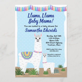 Convites Mãe Llama e Chá de fraldas Bolinhas Azul Bebê